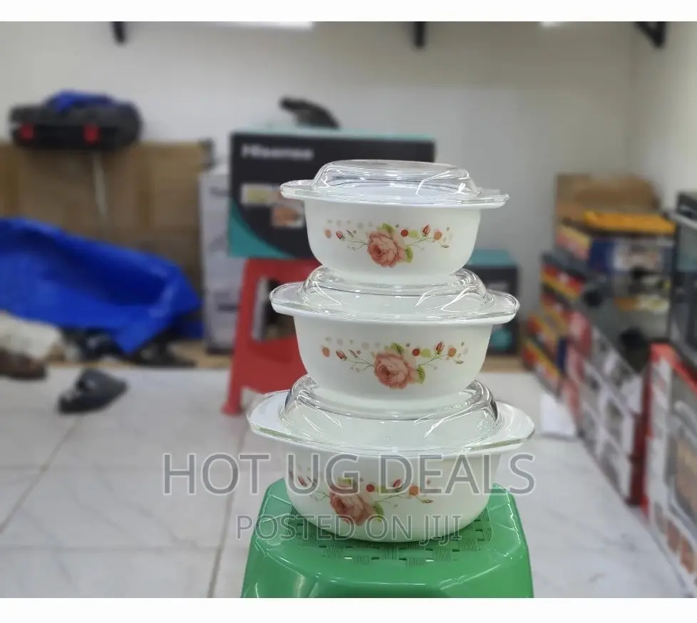 3 Set Floral Serving Dishes With Glass Lids - White.