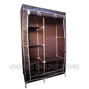 2 Column Cloth Wooden Frame Portable Wardrobe - Brown