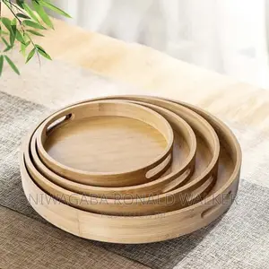 4pc Round Wooden Trays With Handles