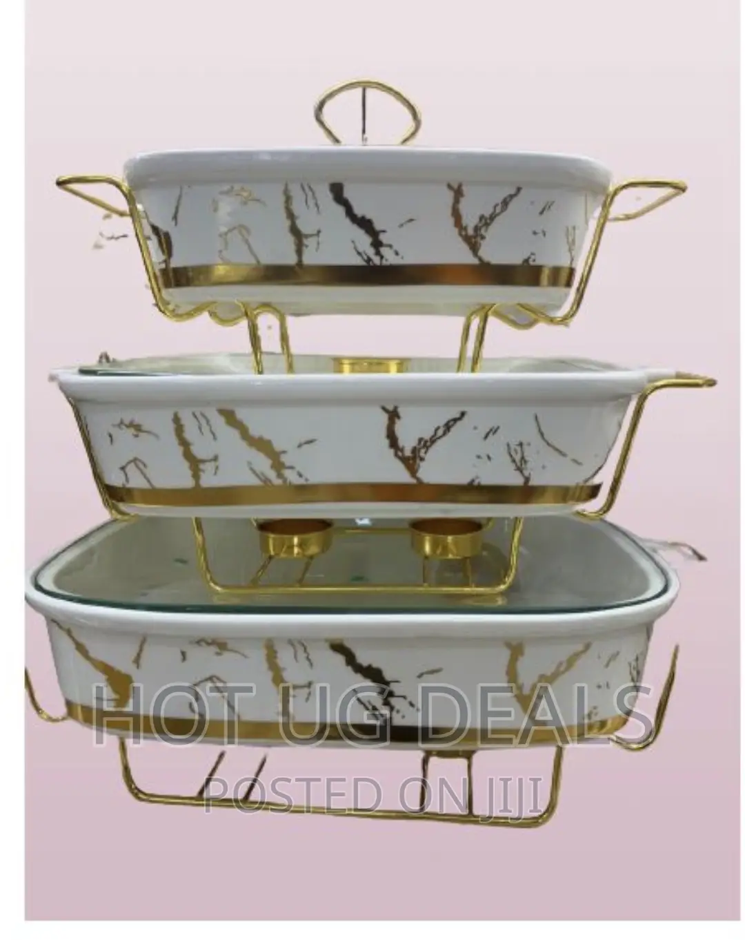 Set of 3 Ceramic Serving Dish Warmers - White, Gold