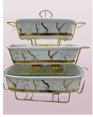 Set of 3 Ceramic Serving Dish Warmers - White, Gold