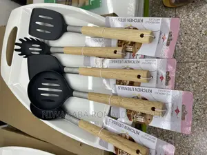 5pc Set Silicone Serving Spoons With Wooden Handle