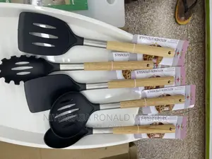 5pc Set Silicone Serving Spoons With Wooden Handle