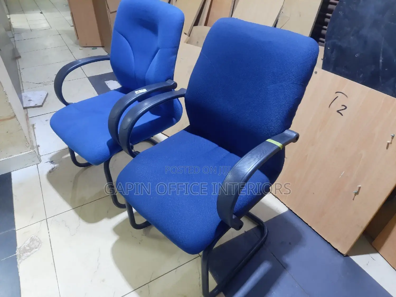 Non Rotating Blue Office Chairs, 2 Pieces