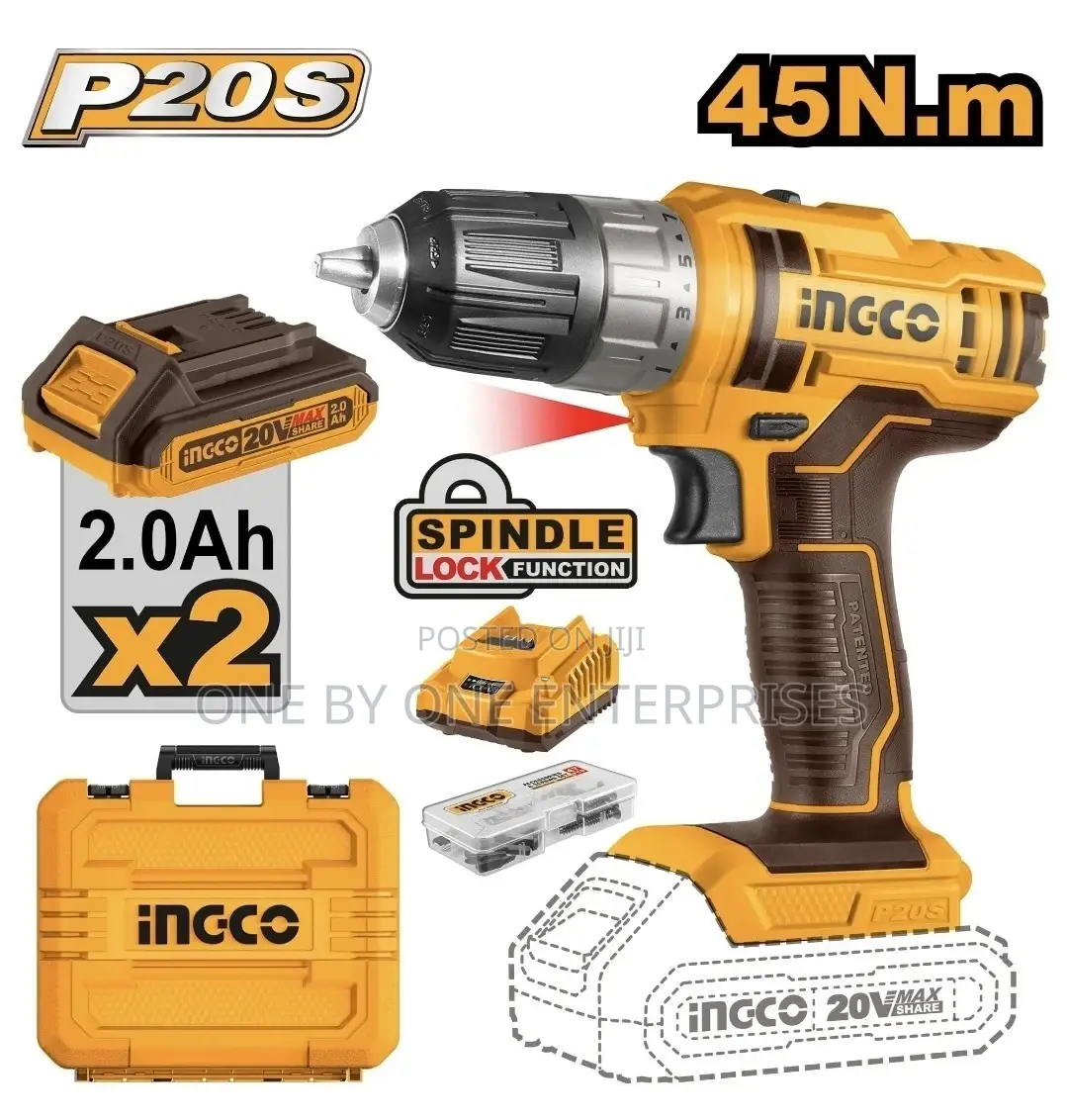 Ingco 20V Impact Cordless Drill 2 Batteries 2.0ah