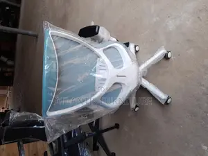 Blue and White Chair With Adjustable Arms