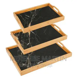 Marble Print Bamboo Tea Serving Tray – 3 Set- Black.