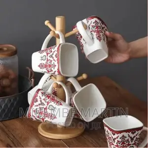 6 White Flowered Mugs Cups With Bamboo Stand Tree Holder