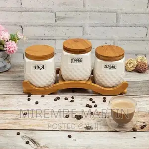 Ceramic Trime Tea Coffee Sugar 3 Canisters Set