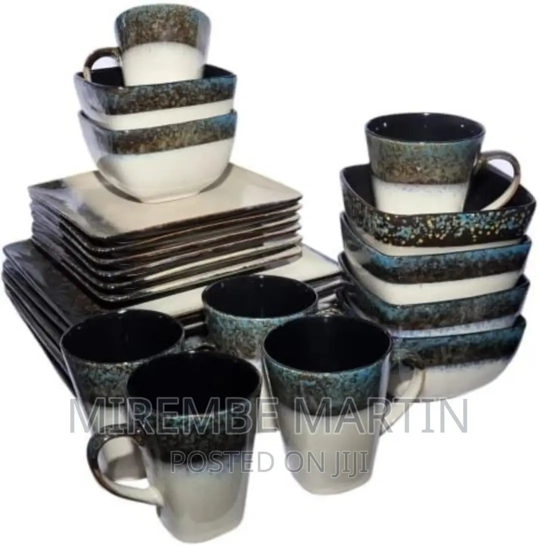 24 Piece Square Marble Plates, Bowls, Cups Dinner Set