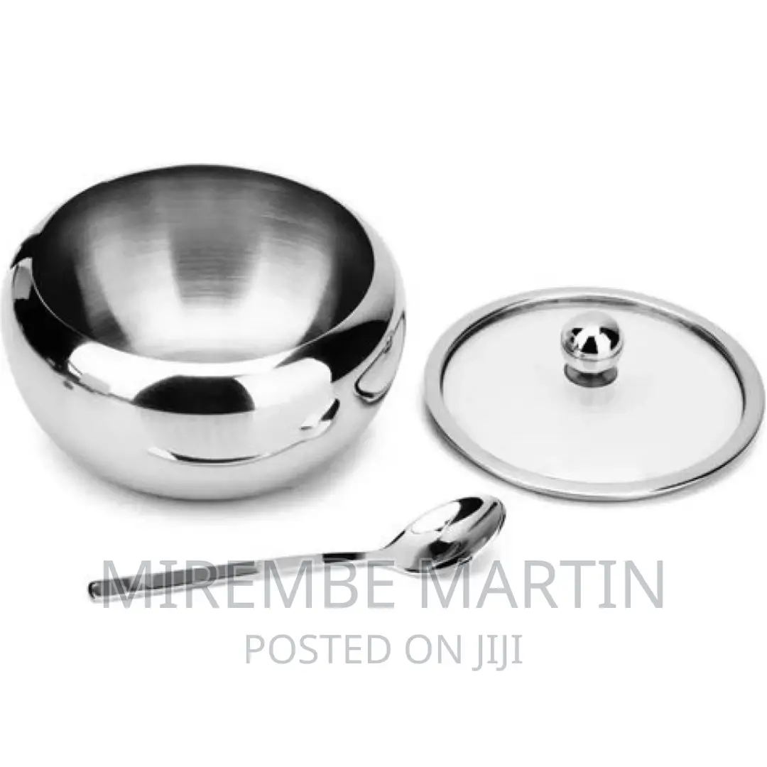 Steel Sugar Bowl With Spoon and Glass Lid