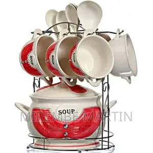 15-Piece Ceramic Soup Bowls ,Cups, Spoon Set on Stand-