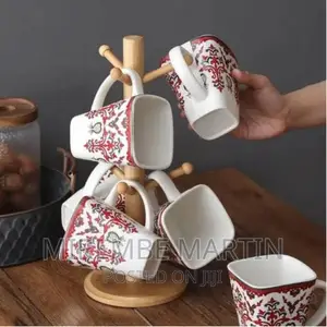 White Flowered Mugs Cups With Bamboo Stand Tree Holder