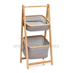 2 Tier Bamboo Storage Basket /Polyester Grey