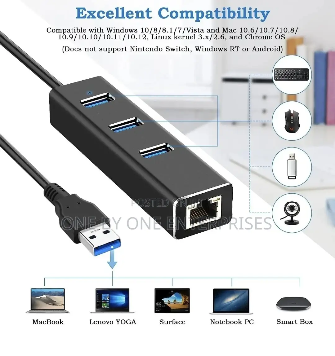 USB Hub 3.0 With 3 Ports, RJ45 Gigabit USB LAN Adapter