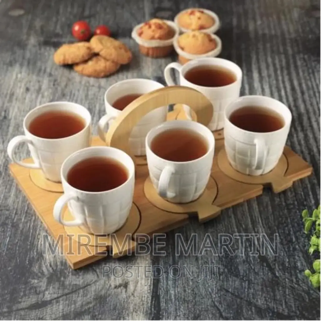 13 PCS Porcelain Coffee Tea Cup Set With Bamboo Saucers