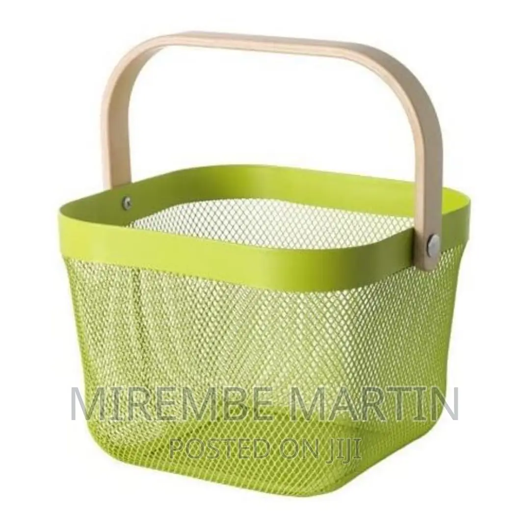 Square Metal Mesh Fruitshopping Wooden Handle Storage Basket
