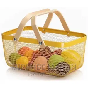 Rectangle Metal Mesh Fruit Shopping Wooden Handle Basket