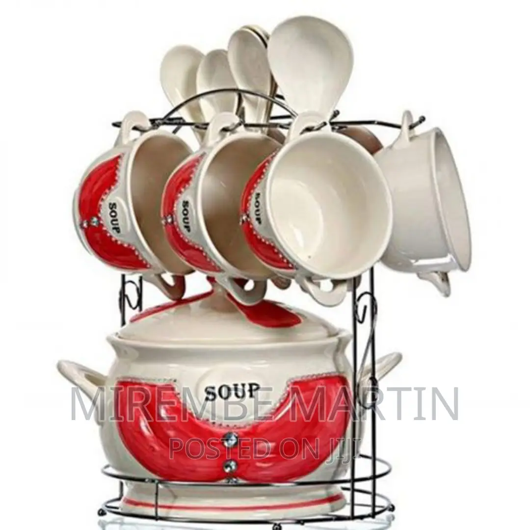 15-Piece Ceramic Soup Bowls ,Cups, Spoon Set on Stand