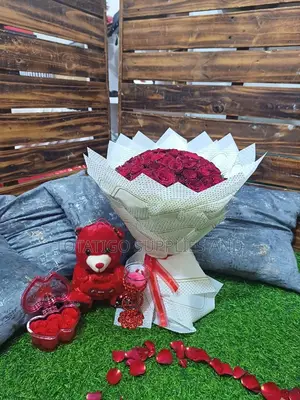 Bouquet of Natural Flowers and Teddy Bear