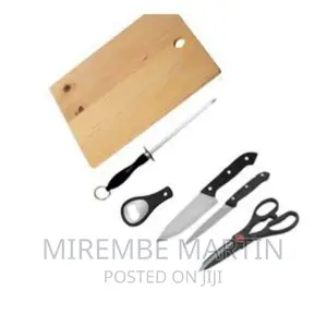A Set of Kitchen Knives and a Wooden Chopping Board-Black