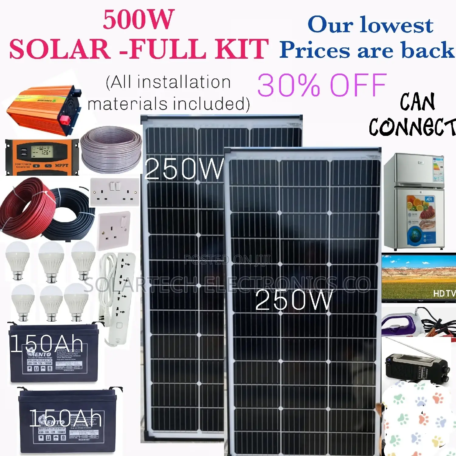 500W Solar System Full Kit/Two 250w Solar Panels and 300ah