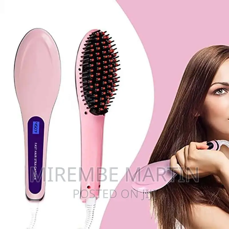 Electric Hair Straightening Comb With LCD Display- Pink