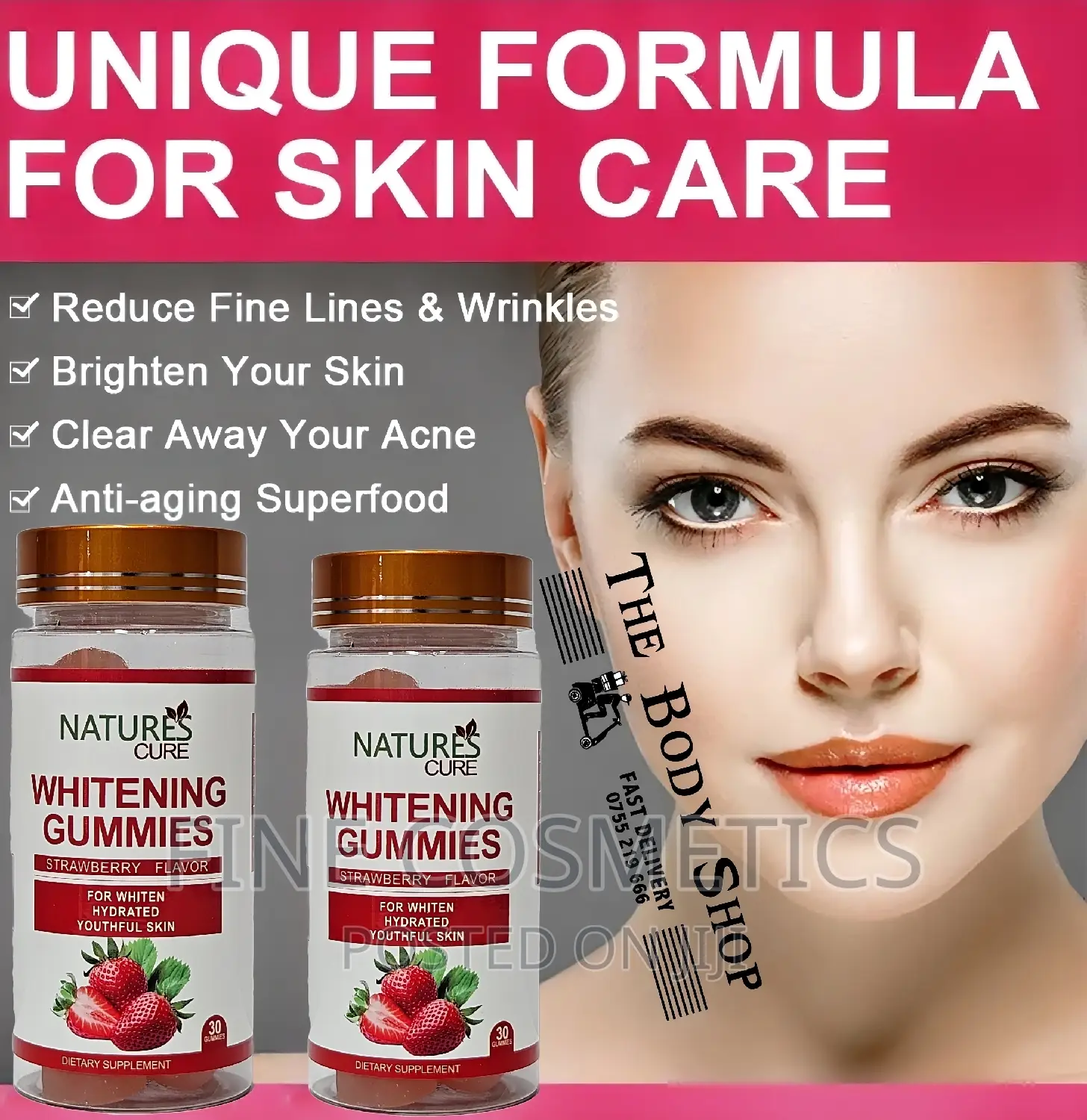 Nature's Cure Skin Whitening Gummies Strawberry Flavour. 30