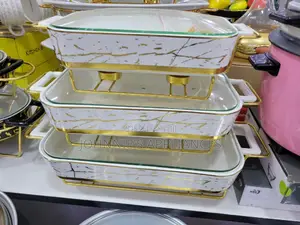 Ceramic Serving Dishes With Goldline Stainless Stans 3pics