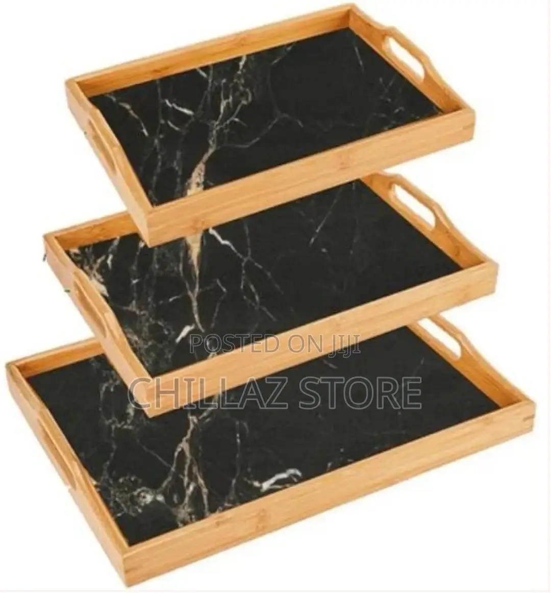 Marble Print Bamboo Tea Serving Tray – 3 Set- Black.