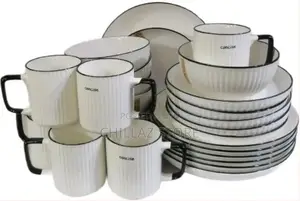 24pcs of Black Line Design Plates Bowls Cups Dinner Set –