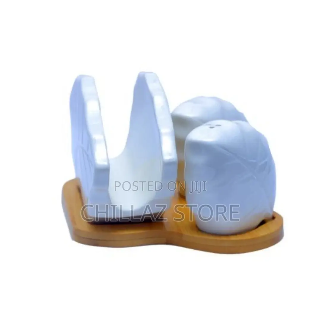 Salt and Pepper Shaker, Napkin Holder Set – White