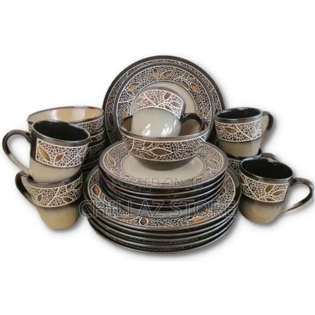 24pcs of Leaf Design Plates, Bowls, Cups Dinner Set – Cream