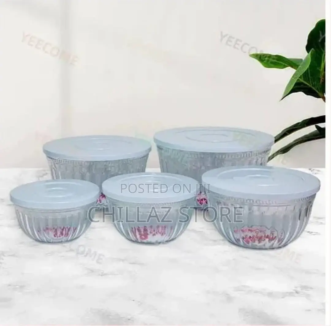 5 Pieces of Clear Plastic Salad Bowls With Airtight Lids
