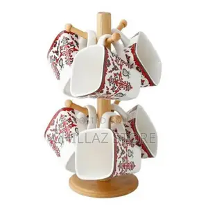 6 White Flowered Mugs Cups With Bamboo Stand Tree Holder