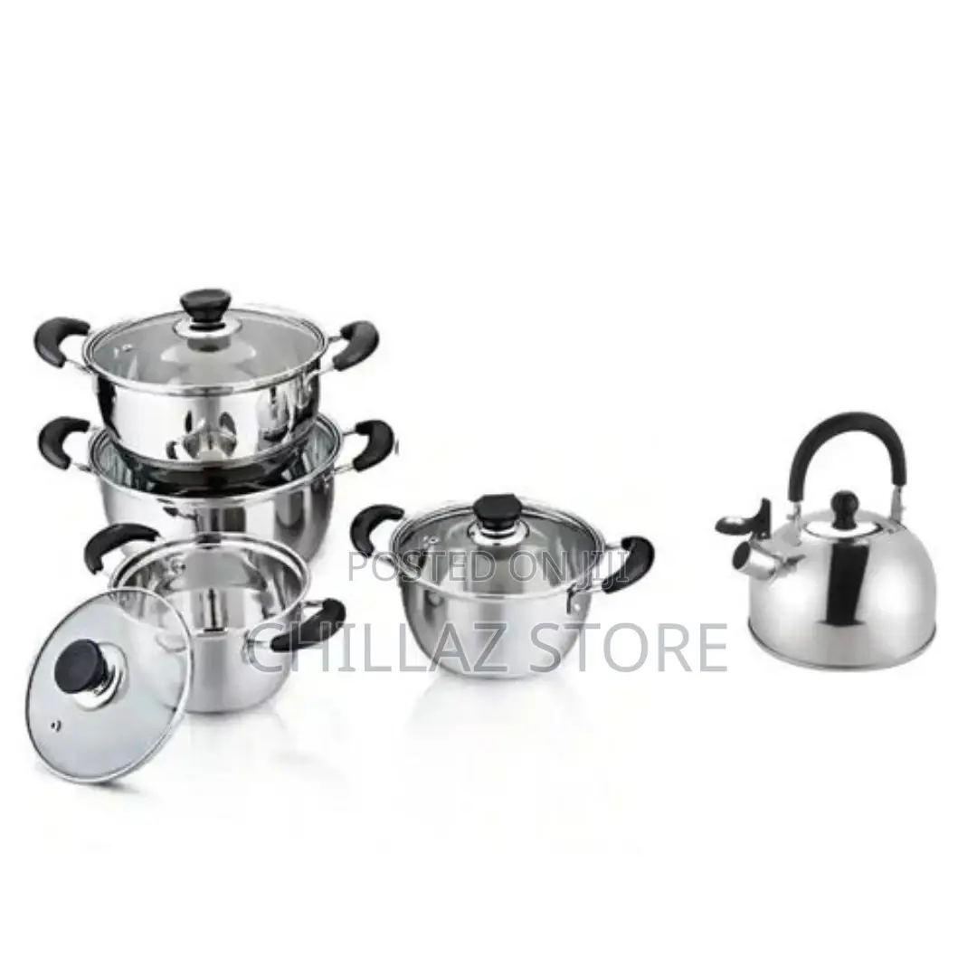 9 Pieces Cookware Set With a Whistling Kettle-Silver