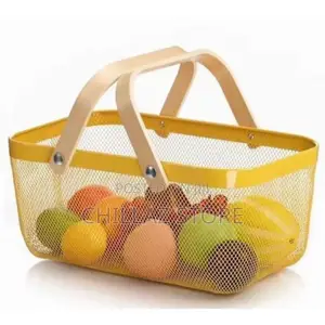 Rectangle Metal Mesh Fruit Shopping Wooden Handle Storage