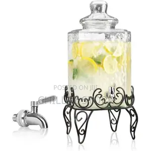 Hammered Glass Beverage Dispenser With Scroll Iron Stand,