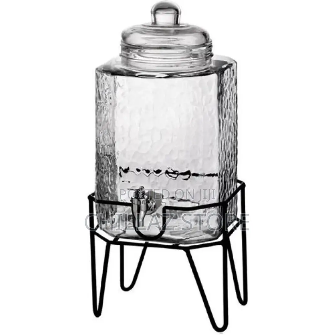 Hammered Glass Beverage Dispenser With Scroll Iron Stand,