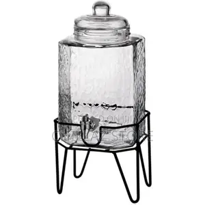 Hammered Glass Beverage Dispenser With Scroll Iron Stand,