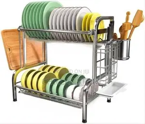 2 Tier Aluminum Plate Dish Drying Draining Rack Storage
