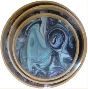 TRAY 3 Piece Round Heavy Marble Bamboo Wooden Servingtrays
