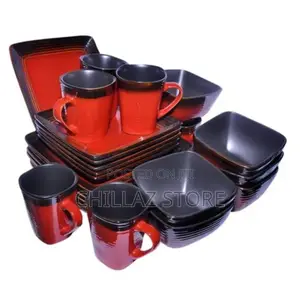 24 Piece Square Plates, Bowls, Cups Dinner Set – Red