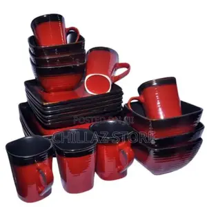 24 Piece Square Plates, Bowls, Cups Dinner Set – Red