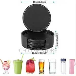 7 Piece Leather Drink Coasters Round Cup Mat Pad