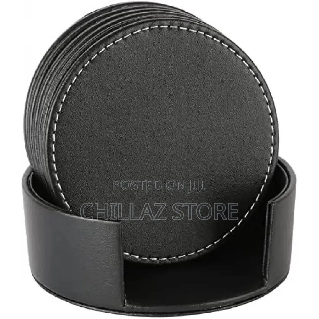 7 Piece Leather Drink Coasters Round Cup Mat Pad