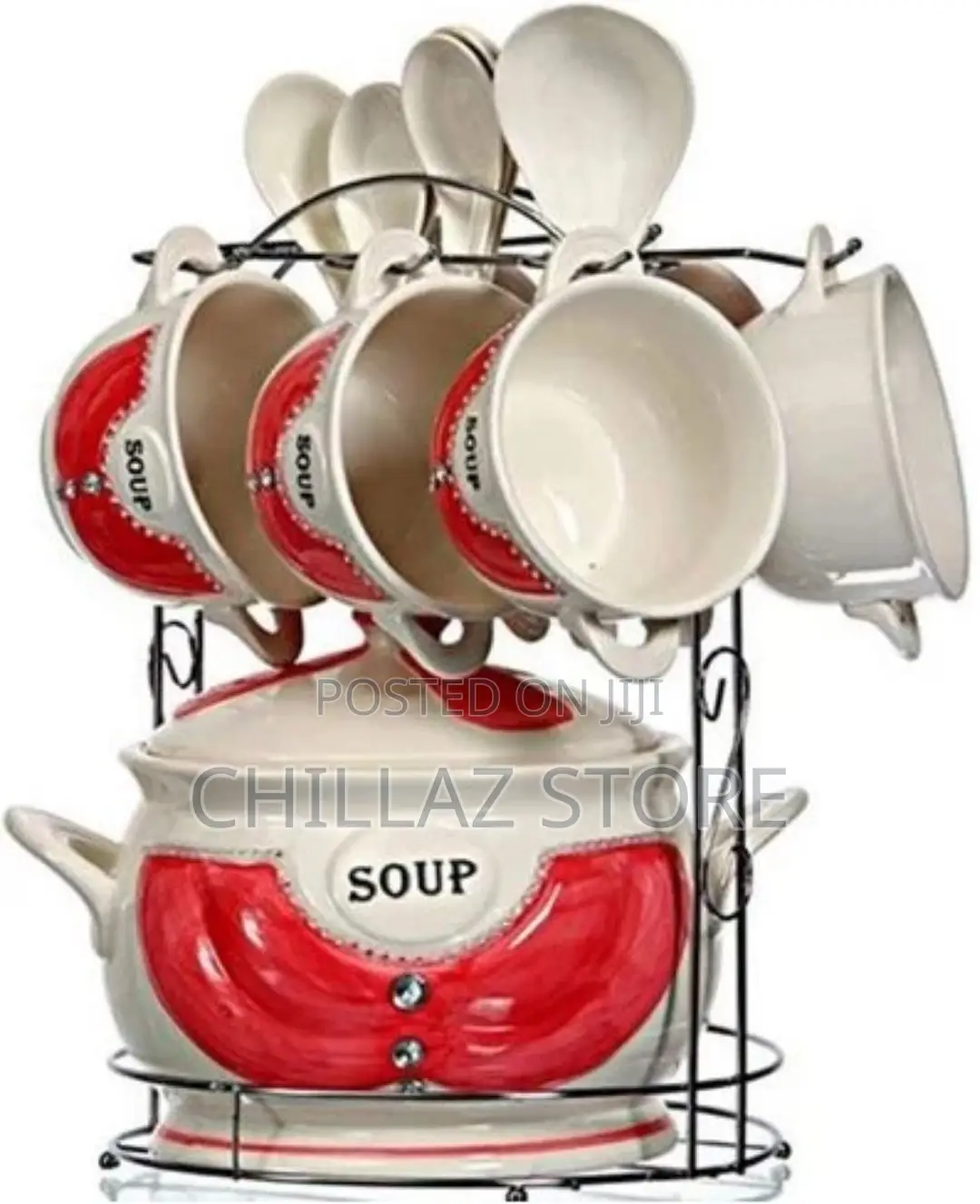 15-Piece Ceramic Soup Bowls ,Cups, Spoon Set on Stand