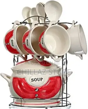 15-Piece Ceramic Soup Bowls ,Cups, Spoon Set on Stand