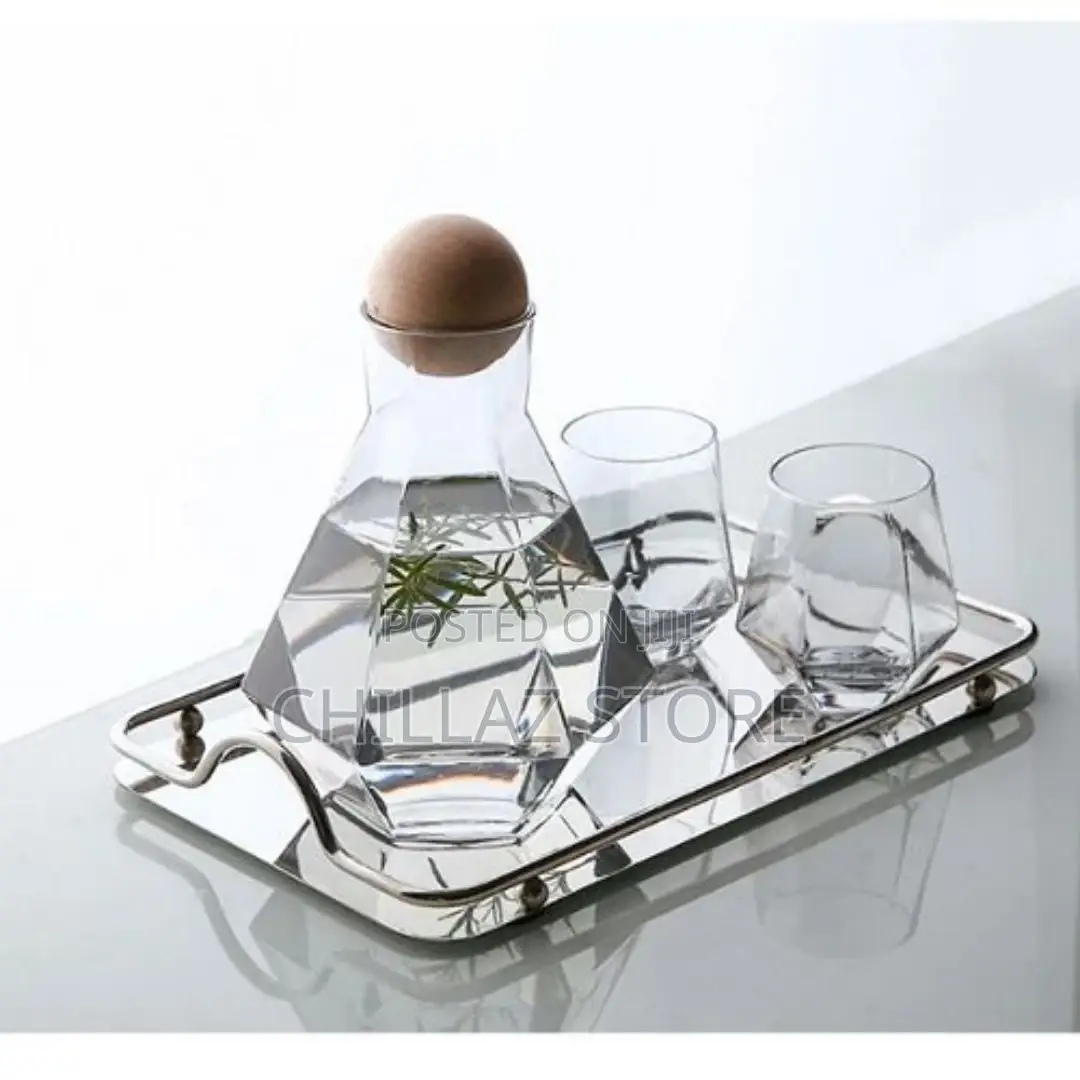 4 Water Glasses,1jug With Wooden Stopper and a Tray