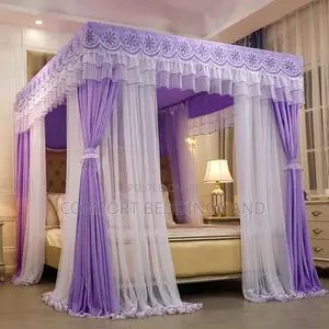 Luxury Four Stand Mosquito Net With Curtain Purple